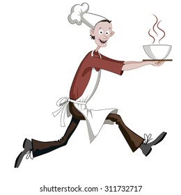 Cartoon cook running fast with dish, he is cheerful