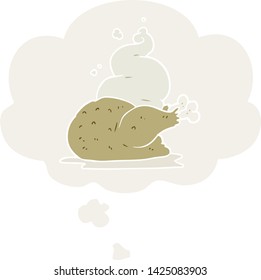 cartoon cooked chicken with thought bubble in retro style