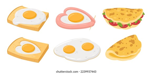 Cartoon cooked eggs. Chicken eggs dishes, fried, stuffed egg and scrambled omelette, healthy delicious breakfast flat vector illustration isolated on white background