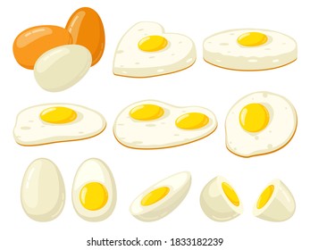 Cartoon cooked eggs. Fried, hard, soft boiled, sliced eggs with yolk, protein breakfast ingredient. Organic farm product vector illustration set. Egg halves, prepared meal in heart shape