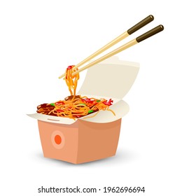 Cartoon Of Cooked Pasta With Added Ingredients, Asian Cuisine. Vector Takeaway, Fast Food, Portion Served In Cardboard Box. Concept Of Quick Lunch, Delivery Service Isolated On White