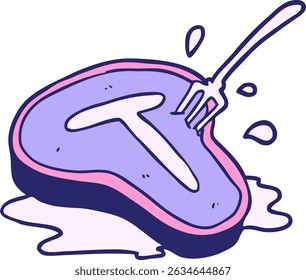 bife e garfo cozido de desenho animado em cores neon brilhantes