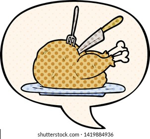 cartoon cooked turkey being carved and speech bubble in comic book style