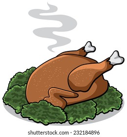 Cartoon cooked turkey with lettuce isolated on white EPS 10 vector illustration