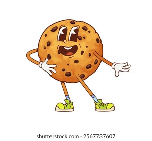 Cartoon cookie character full of groovy vibes. Isolated vector round cookie with chocolate chips with a playful expression, colorful sneakers, and a cheeky pose, ready for sweet bakery adventures