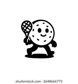 Um personagem de biscoito de desenho animado segurando uma raquete de tênis, andando