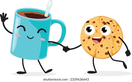 Galleta de dibujos animados y taza de café, conjunto de caracteres Cute, aislado en fondo blanco