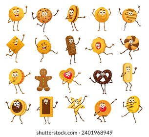 Cartoon cookie, cracker and gingerbread cookie funny characters. Vector christmas traditional sweets cute smiling personages. Pretzel, wafer, bakery with jelly or chocolate filling isolated pastry set