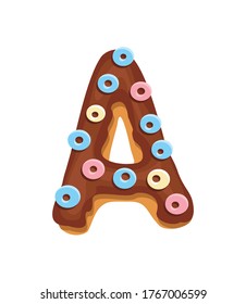 Cartoon-Cookie-Schriftart. Vektorbriefe Bäckerei-Artikel auf buntem Glas. Kreatives Lebkuchendesign. Kindheit süß Donut. Buchstabe A
