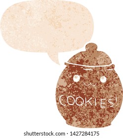 tarro de galletas de caricatura con burbuja de habla en un estilo retro angustiado y texturado