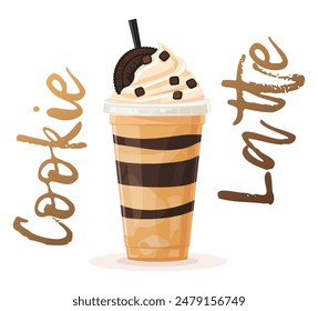 Cartoon Cookie Latte Illustration Perfect for Menus and Marketing. Charming vector icon of a delicious iced cookie latte topped with whipped cream and a whole chocolate chip cookie.