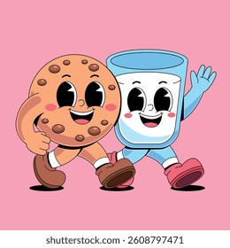 Cartoon cookie with milk walking together mascot