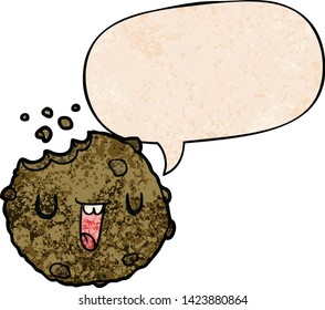 cartoon cookie with speech bubble in retro texture style