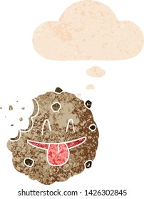cartoon cookie with thought bubble in grunge distressed retro textured style