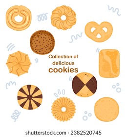 Cartoon cookie vector illustration of delicious food Biscuits and crackers, baked flour products Gingerbread, and chocolate cake. Dessert. Pastry collection isolated on a white background.