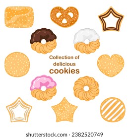 Cartoon cookie vector illustration of delicious food Biscuits and crackers, baked flour products Gingerbread, and chocolate cake. Dessert. Pastry collection isolated on a white background.