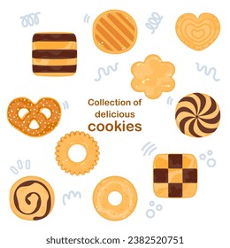 Cartoon cookie vector illustration of delicious food Biscuits and crackers, baked flour products Gingerbread, and chocolate cake. Dessert. Pastry collection isolated on a white background.