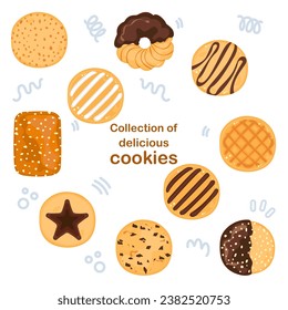 Cartoon cookie vector illustration of delicious food Biscuits and crackers, baked flour products Gingerbread, and chocolate cake. Dessert. Pastry collection isolated on a white background.