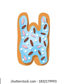 Cartoon cookies font. Confectioners stylized capital letter W. Vector english ABC baking in colored glaze. Creative gingerbread alphabet design. Childhood sweet biscuit and doughnut