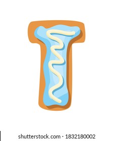 Cartoon cookies font. Confectioners stylized capital letter T. Vector english ABC baking in colored glaze. Creative gingerbread alphabet design. Childhood sweet biscuit and doughnut