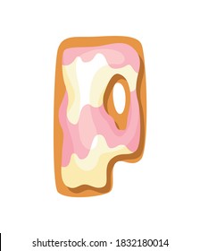 Cartoon cookies font. Confectioners stylized capital letter P. Vector english ABC baking in colored glaze. Creative gingerbread alphabet design. Childhood sweet biscuit and doughnut