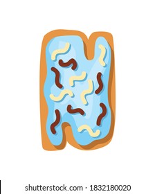 Cartoon cookies font. Confectioners stylized capital letter N. Vector english ABC baking in colored glaze. Creative gingerbread alphabet design. Childhood sweet biscuit and doughnut