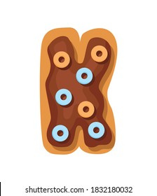 Cartoon cookies font. Confectioners stylized capital letter K. Vector english ABC baking in colored glaze. Creative gingerbread alphabet design. Childhood sweet biscuit and doughnut