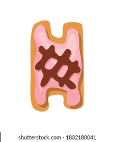 Cartoon cookies font. Confectioners stylized capital letter H. Vector english ABC baking in colored glaze. Creative gingerbread alphabet design. Childhood sweet biscuit and doughnut