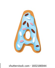 Cartoon cookies font. Confectioners stylized capital letter A. Vector english ABC baking in colored glaze. Creative gingerbread alphabet design. Childhood sweet biscuit and doughnut