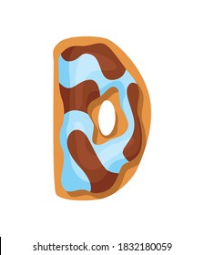 Cartoon cookies font. Confectioners stylized capital letter D. Vector english ABC baking in colored glaze. Creative gingerbread alphabet design. Childhood sweet biscuit and doughnut