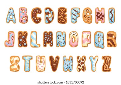 Cartoon cookies font set. Confectioners stylized capital letters collection. Vector english ABC baking in colored glaze. Creative gingerbread alphabet design. Childhood sweet biscuit and doughnut