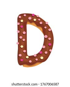 Cartoon cookies font. Vector letter bakery item in colored glaze. Creative gingerbread typography design. Childhood sweet donut. Letter D