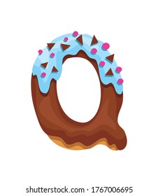 Cartoon cookies font. Vector letter baked item in colored glaze. Creative gingerbread typography design. Childhood sweet donut. Letter Q