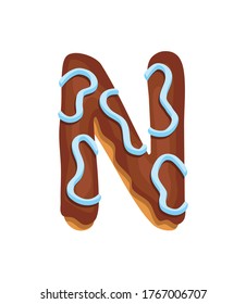 Cartoon cookies font. Vector letter baked item in colored glaze. Creative gingerbread typography design. Childhood sweet donut. Letter N