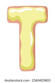 Cartoon cookies font. Vector letter baking in colored glaze. Creative gingerbread typography design. Childhood sweet donut. Letter T