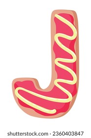 Cartoon cookies font. Vector letter baking in colored glaze. Creative gingerbread typography design. Childhood sweet donut. Letter J