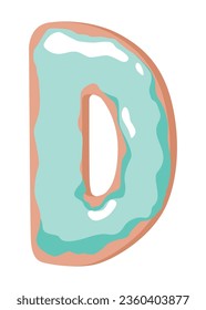 Cartoon cookies font. Vector letter baking in colored glaze. Creative gingerbread typography design. Childhood sweet donut. Letter D