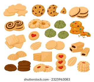 Cartoon cookies. Homemade chocolate and vanilla biscuits, tasty bakery product flat vector illustration set. Cookies collection