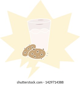 cartoon cookies and milk with speech bubble in retro style