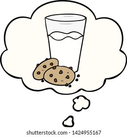 cartoon cookies and milk with thought bubble