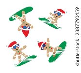 Cartoon Cookies snowboarding in ski goggles and Santa Claus hat. Christmas set. Vector illustration.