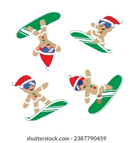 Cartoon Cookies snowboarding in ski goggles and Santa Claus hat. Christmas set. Vector illustration.