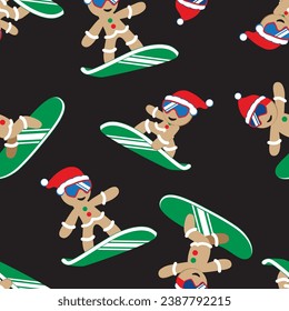 Cartoon Cookies snowboarding in ski goggles and Santa Claus hat. Christmas seamless pattern. Vector illustration.