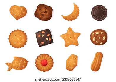 Cartoon cookies. Sweet dessert crackers with cream, sweet snack food for lunch or dinner, flat pastry biscuits. Vector isolated set of cartoon dessert food, sweet biscuit illustration