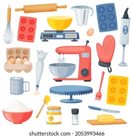 Cartoon cooking and baking ingredients, kitchen utensils. Flour, eggs, honey, salt. Kitchenware and desserts bakery ingredient vector set. Isolated supplies and tools for food cooking