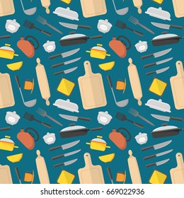 Cartoon Cookware Background Pattern on a Blue Kitchen Utensils for Home and Restaurant Flat Design Style. Vector illustration