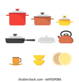 Cartoon Cookware Pots Row Set Kitchen Utensils for Home and Restaurant Flat Design Style. Vector illustration