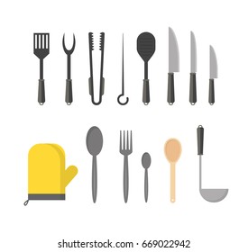 Cartoon Cookware Row Set Kitchen Utensils for Home and Restaurant Flat Design Style. Vector illustration