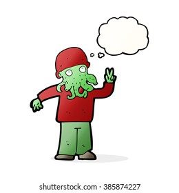 cartoon cool alien with thought bubble
