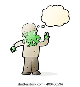 cartoon cool alien with thought bubble
